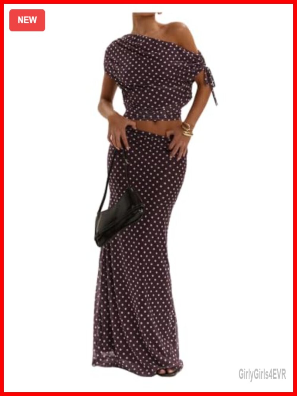 Polka Dots Skirt Set Off Shoulder Ruched Crop Top & Maxi Skirt